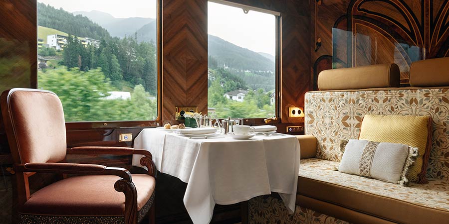 Inside the luxury suite, the beautiful scenery can be seen through the windows as the train travels onwards. 